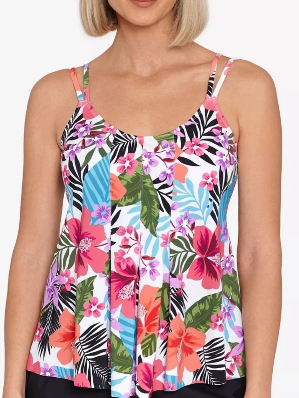 Swim Solutions | Pleat-Front Tankini Top Multicolored Floral Size 8